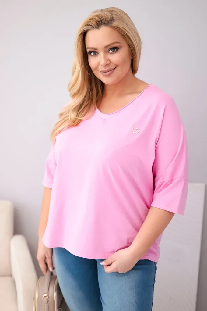 Bluzka damska bawełniana oversize Plus Size z dekoltem V jasno różowa