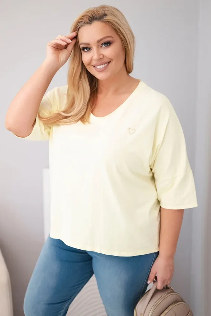 Bluzka damska bawełniana oversize Plus Size z dekoltem V żółta