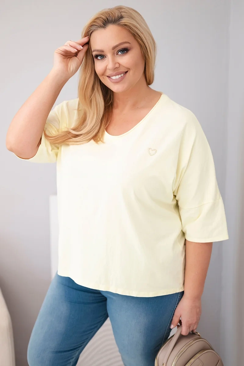 Bluzka damska bawełniana oversize Plus Size z dekoltem V żółta