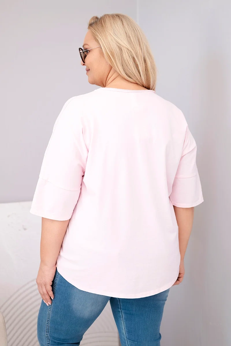 Bluzka damska bawełniana oversize Plus Size z dekoltem V cukierkowy róż - obrazek 3
