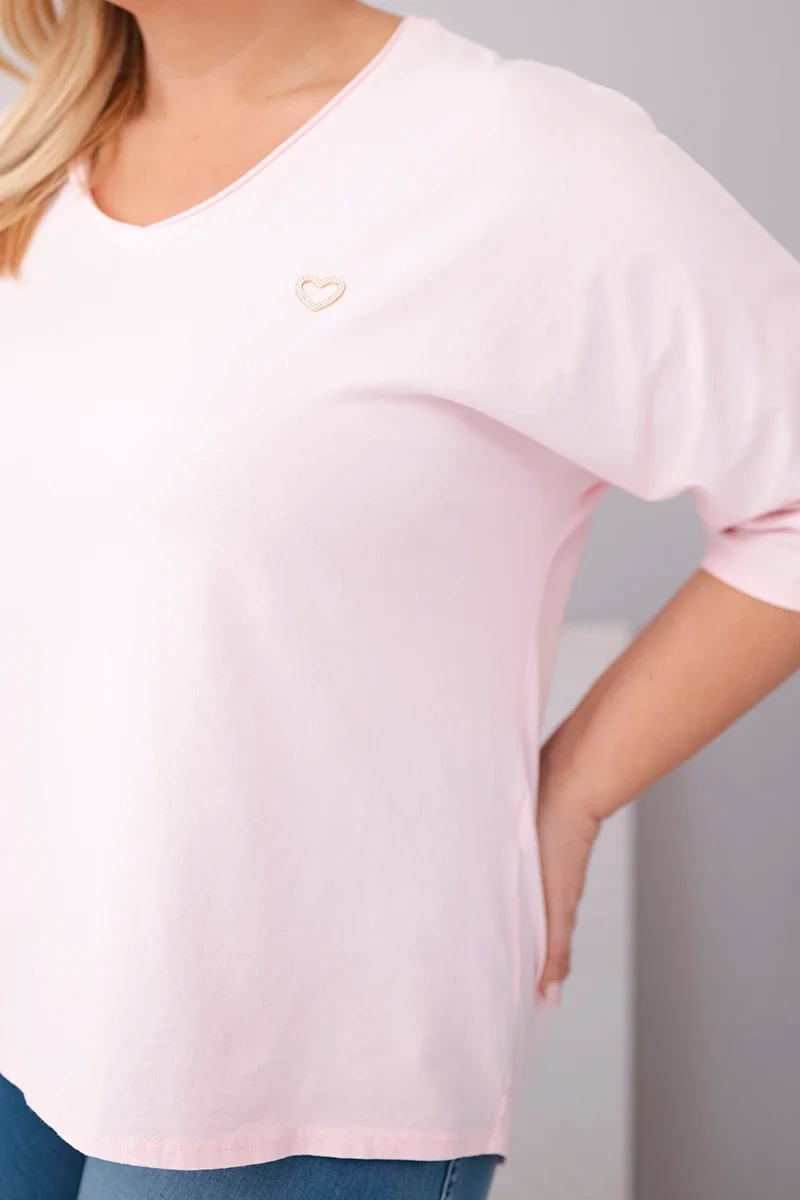 Bluzka damska bawełniana oversize Plus Size z dekoltem V cukierkowy róż - obrazek 4