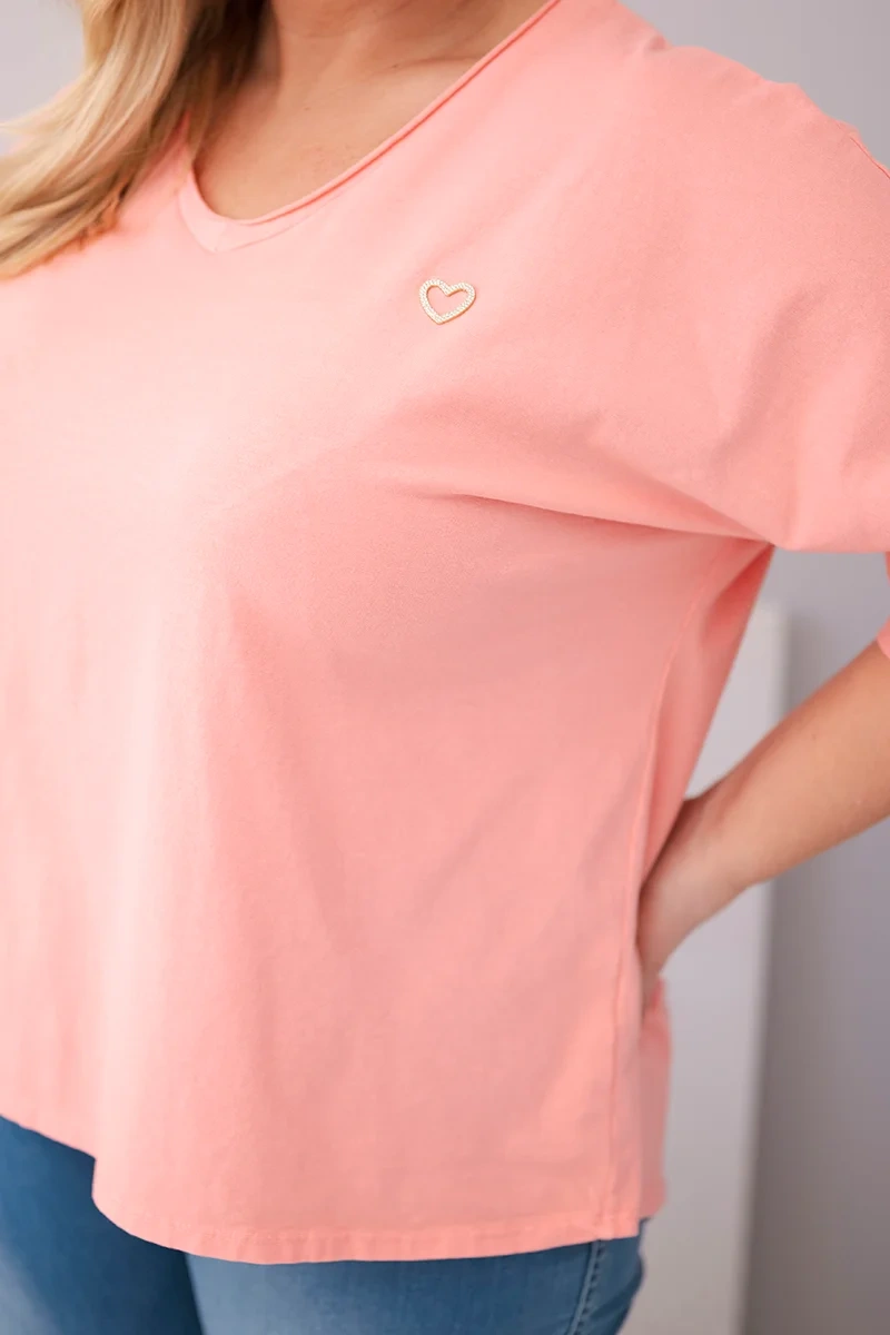 Bluzka damska bawełniana oversize Plus Size z dekoltem V morelowa - obrazek 4