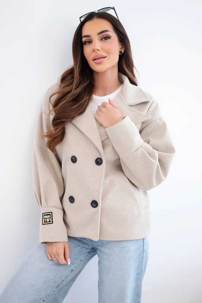 Kurtka damska krótka dwurzędowa z kołnierzem beżowa