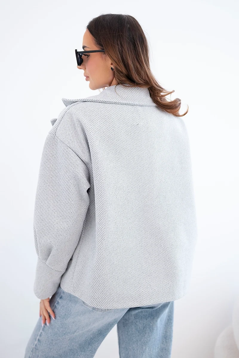 Kurtka damska krótka dwurzędowa z kołnierzem szary melanż - obrazek 3