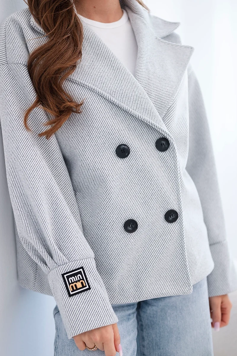 Kurtka damska krótka dwurzędowa z kołnierzem szary melanż - obrazek 4