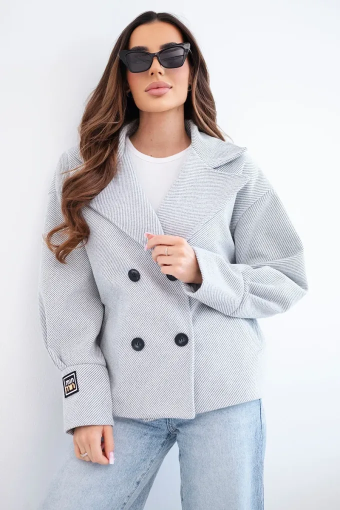 Kurtka damska krótka dwurzędowa z kołnierzem szary melanż