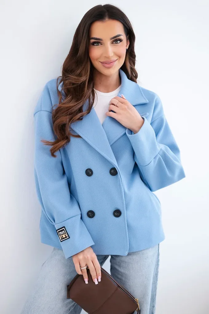 Kurtka damska krótka dwurzędowa z kołnierzem niebieska