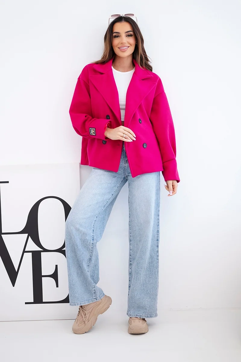 Kurtka damska krótka dwurzędowa z kołnierzem fuksja - obrazek 2