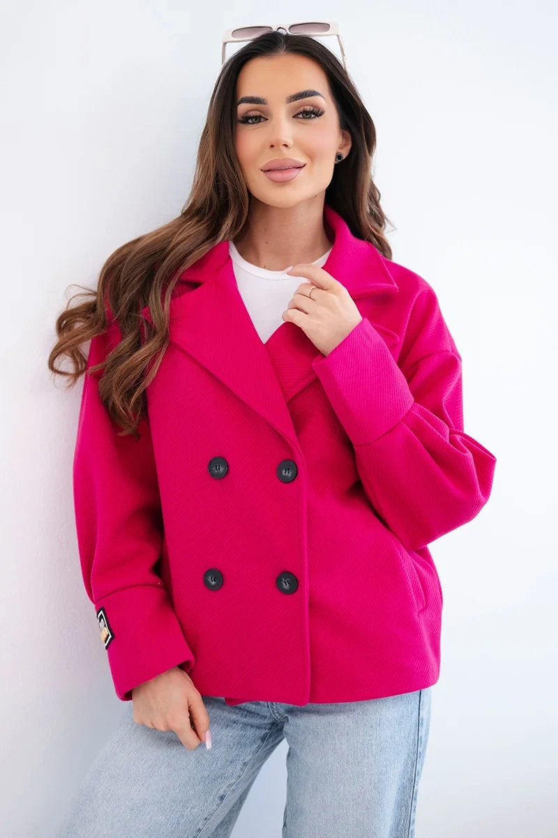 Kurtka damska krótka dwurzędowa z kołnierzem fuksja