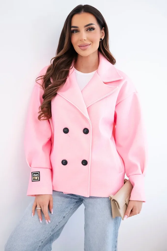 Kurtka damska krótka dwurzędowa z kołnierzem cukierkowy róż