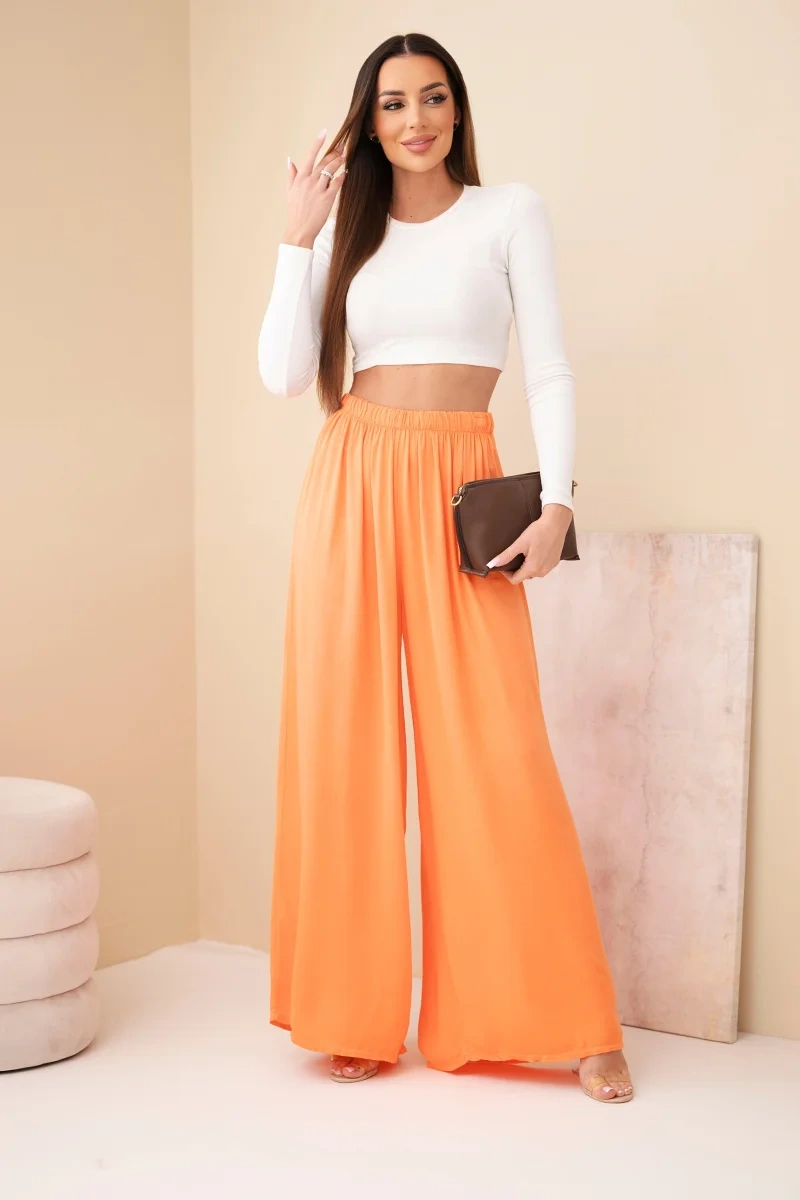 Spodnie damskie wiskozowe szerokie z gumką w pasie pomarańczowe - obrazek 2