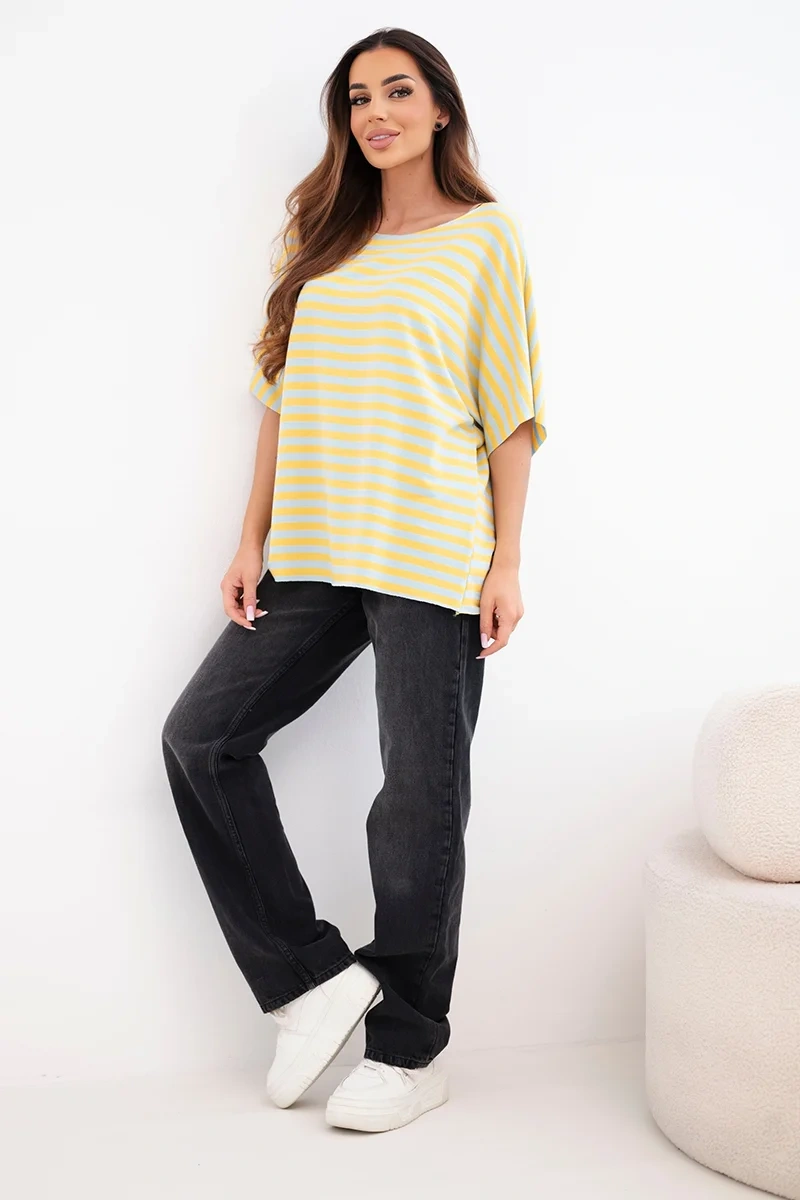 Bluzka damska bawełniana w paski z krótkim rękawem żółta - obrazek 2