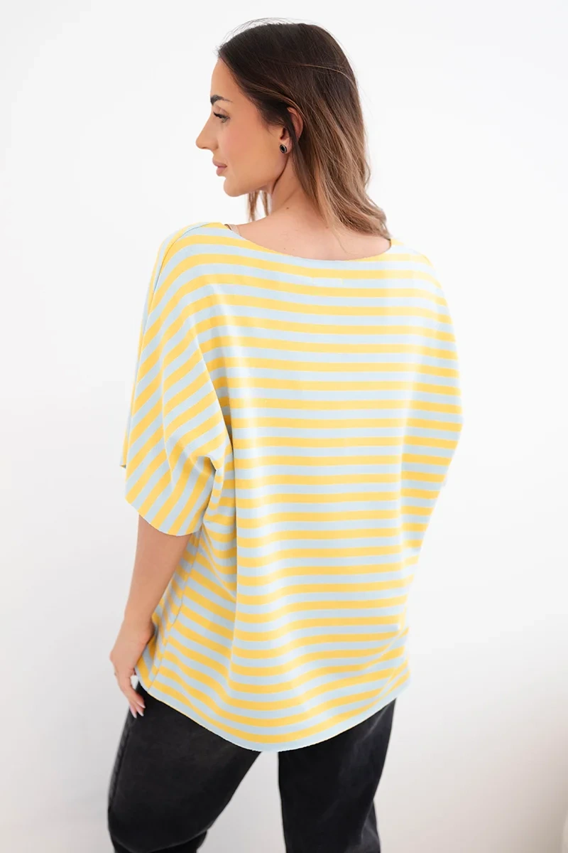 Bluzka damska bawełniana w paski z krótkim rękawem żółta - obrazek 3