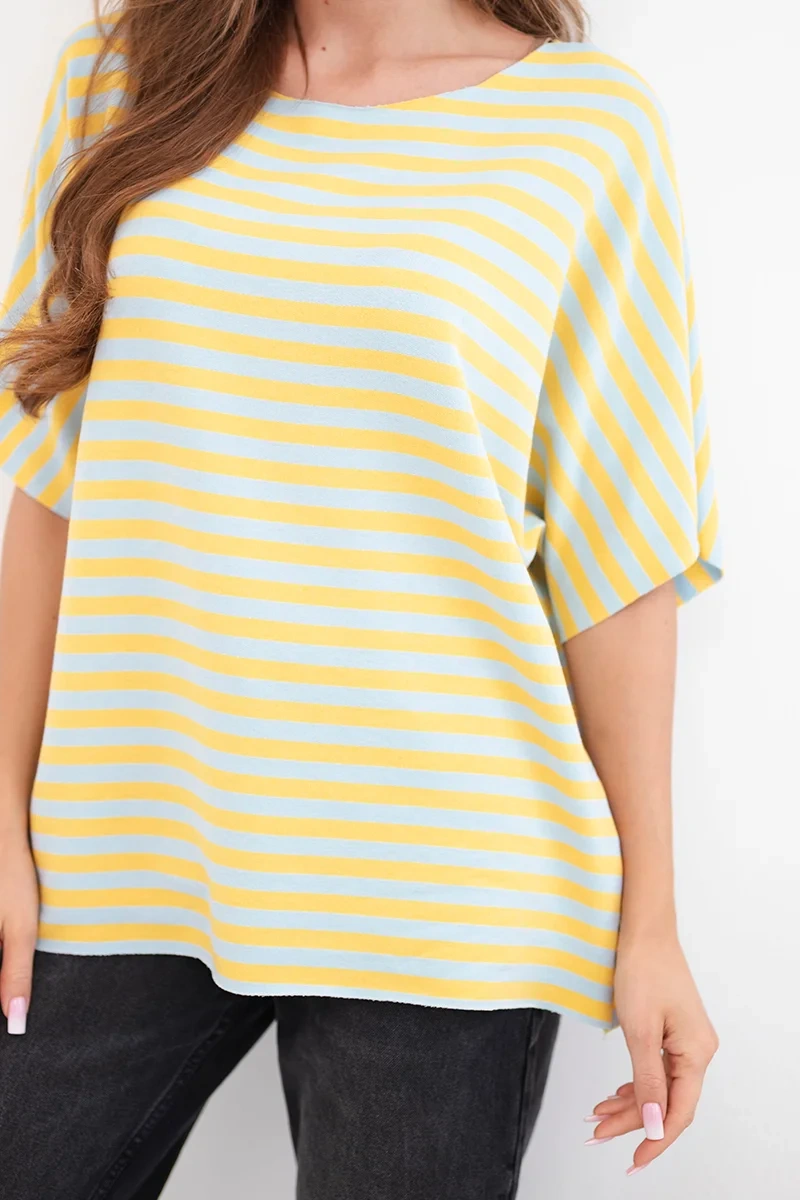 Bluzka damska bawełniana w paski z krótkim rękawem żółta - obrazek 4