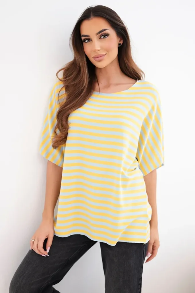 Bluzka damska bawełniana w paski z krótkim rękawem żółta