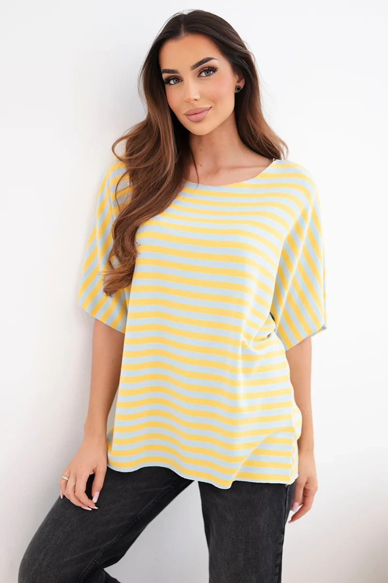 Bluzka damska bawełniana w paski z krótkim rękawem żółta