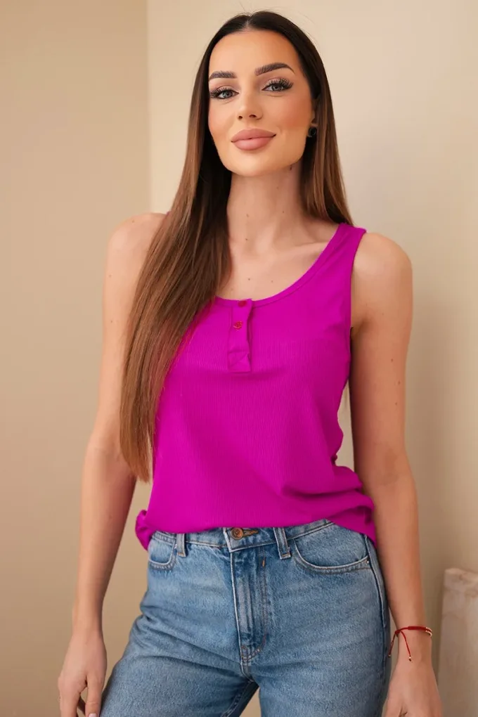 Bluzka damska prążkowana na ramiączkach z guzikiem ciemno fioletowa