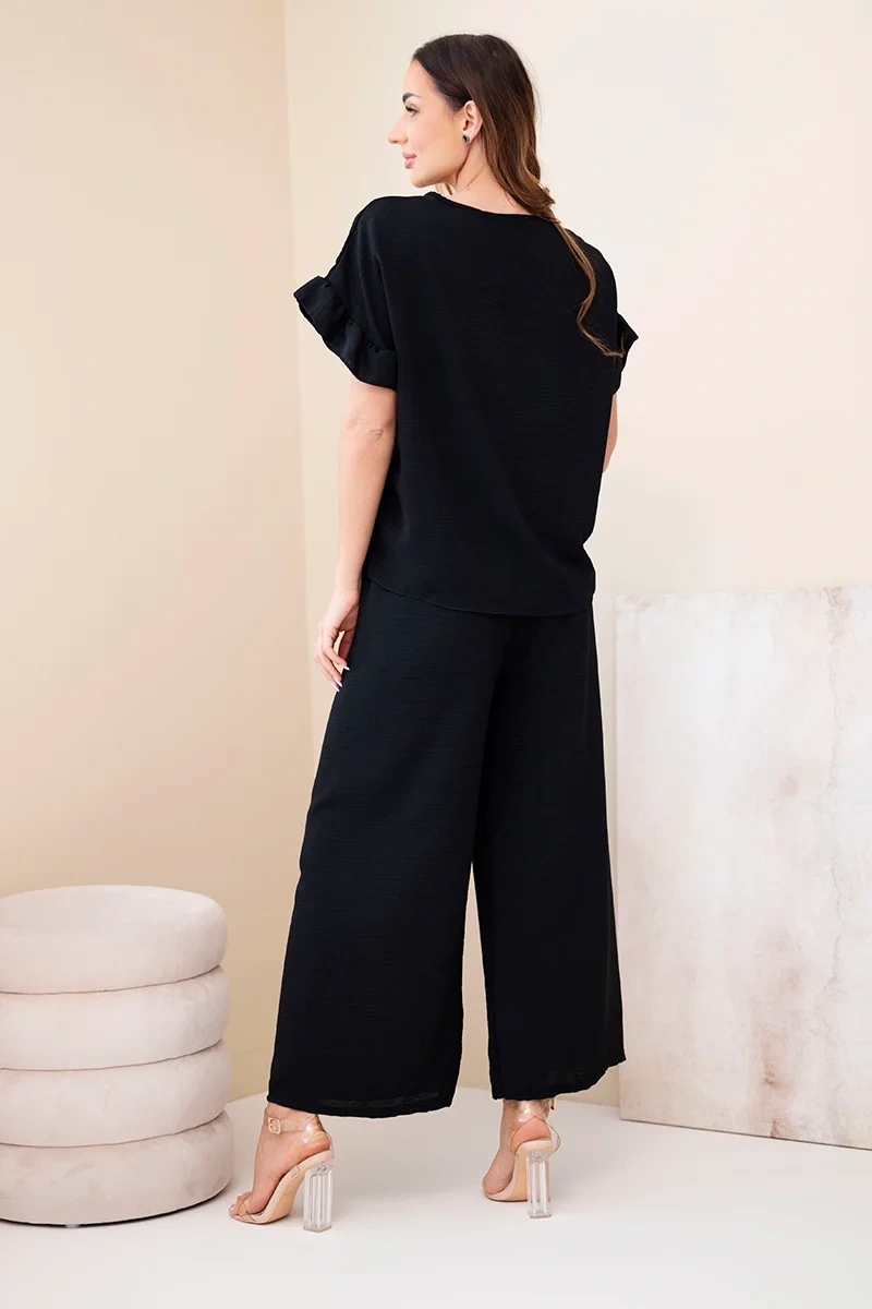 Komplet damski wiskozowy z bluzką z nadrukiem i spodniami czarny - obrazek 3