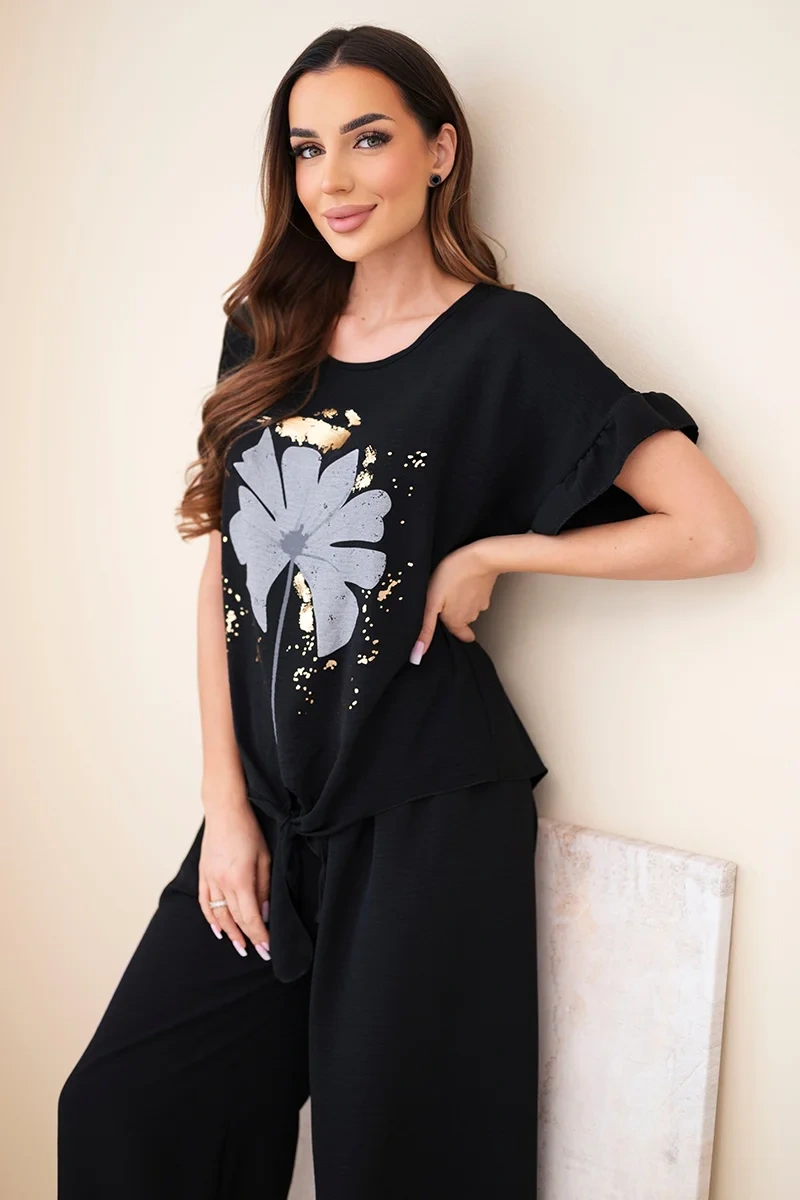 Komplet damski wiskozowy z bluzką z nadrukiem i spodniami czarny