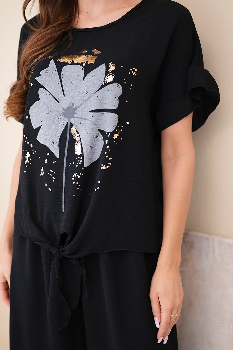 Komplet damski wiskozowy z bluzką z nadrukiem i spodniami czarny - obrazek 4