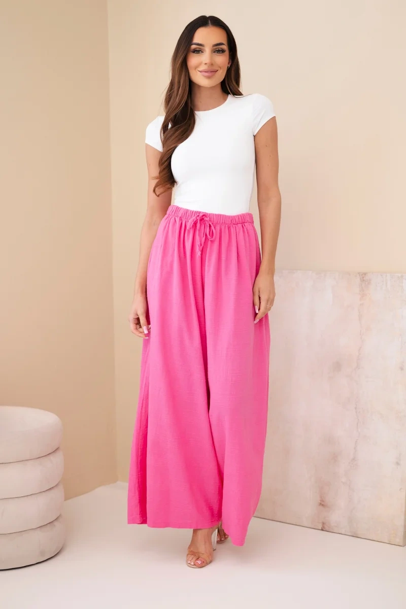 Spodnie damskie szerokie bawełniane z gumką w pasie różowe - obrazek 2