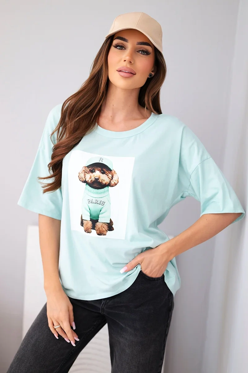 Bluzka damska bawełniana oversize z krótkim rękawem i nadrukiem miętowa