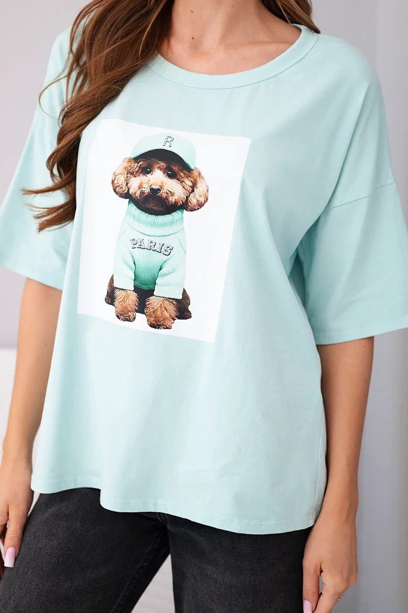 Bluzka damska bawełniana oversize z krótkim rękawem i nadrukiem miętowa - obrazek 4