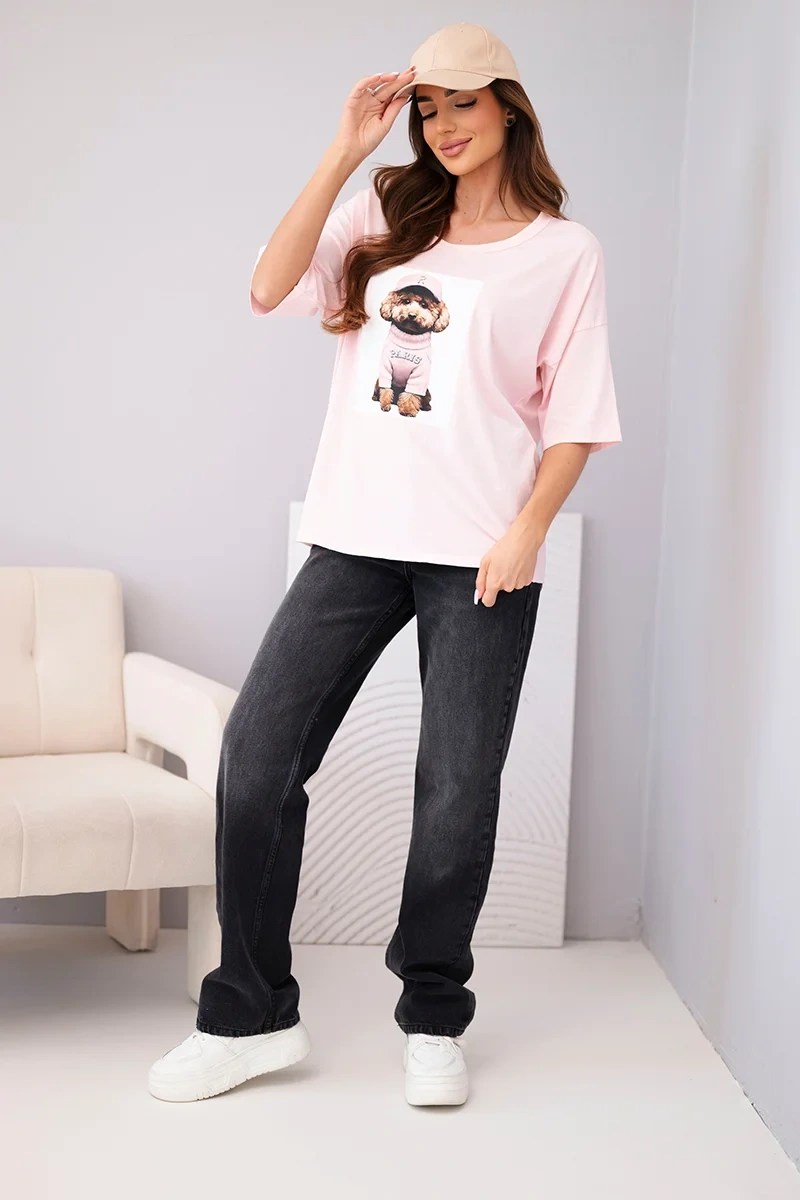 Bluzka damska bawełniana oversize z krótkim rękawem i nadrukiem cukierkowy róż - obrazek 2