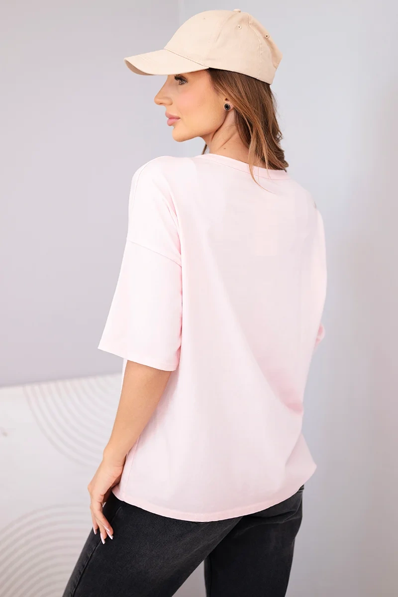 Bluzka damska bawełniana oversize z krótkim rękawem i nadrukiem cukierkowy róż - obrazek 3
