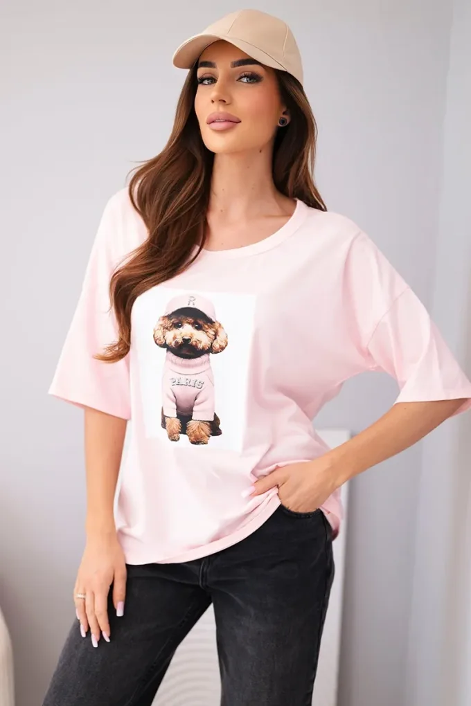 Bluzka damska bawełniana oversize z krótkim rękawem i nadrukiem cukierkowy róż