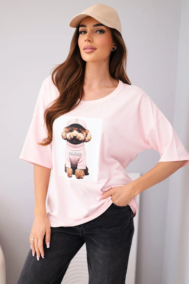 Bluzka damska bawełniana oversize z krótkim rękawem i nadrukiem cukierkowy róż