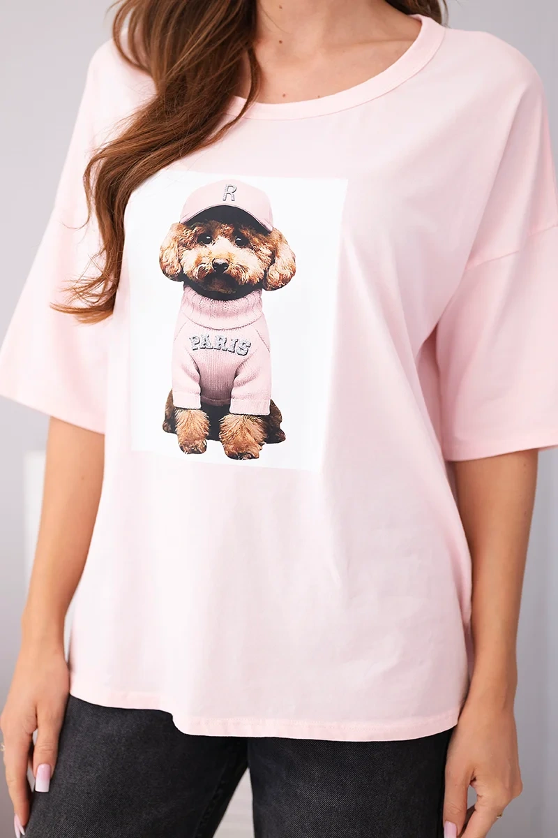 Bluzka damska bawełniana oversize z krótkim rękawem i nadrukiem cukierkowy róż - obrazek 4