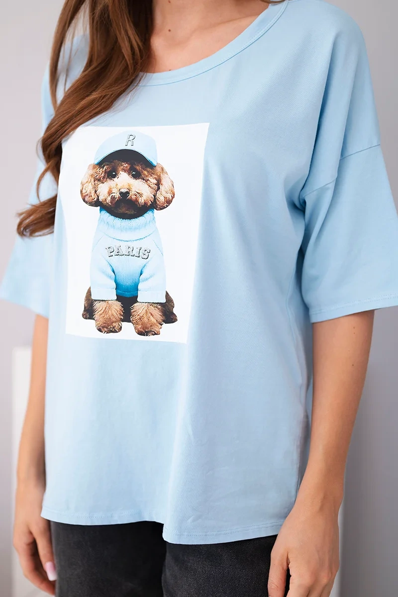 Bluzka damska bawełniana oversize z krótkim rękawem i nadrukiem niebieska - obrazek 3