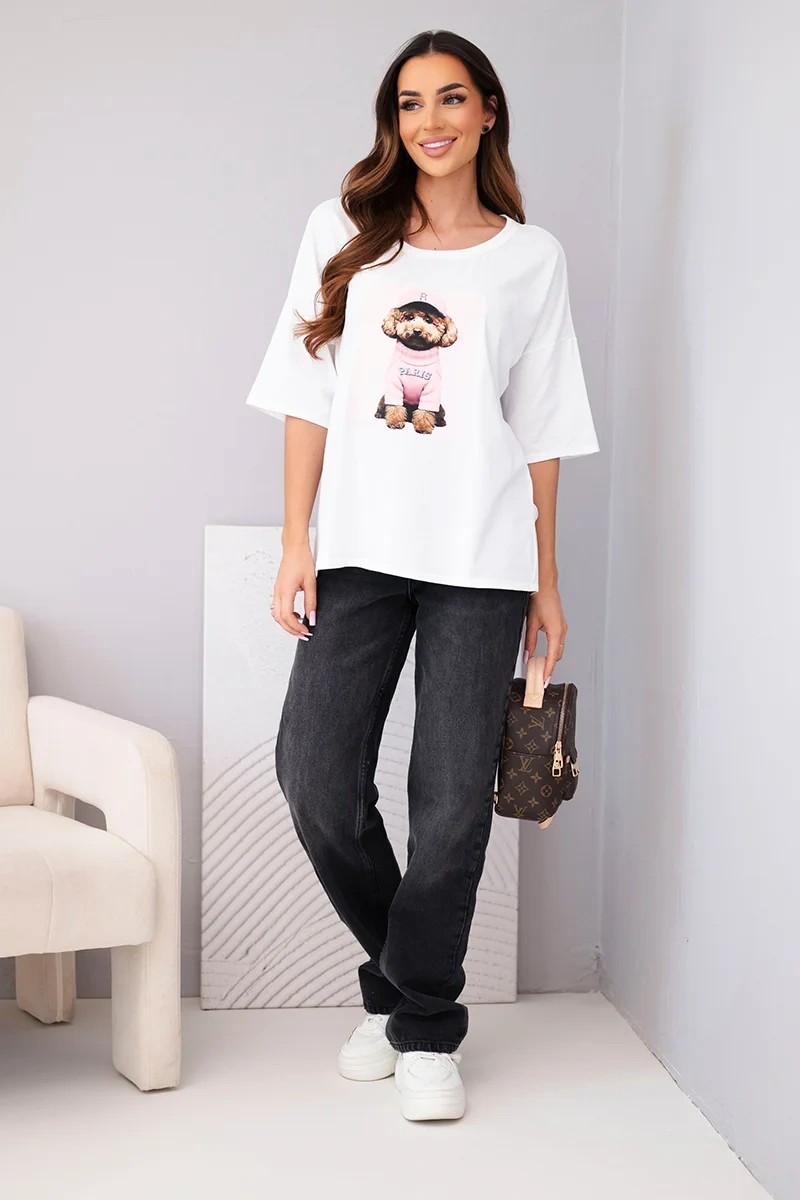 Bluzka damska bawełniana oversize z krótkim rękawem i nadrukiem V biała - obrazek 2