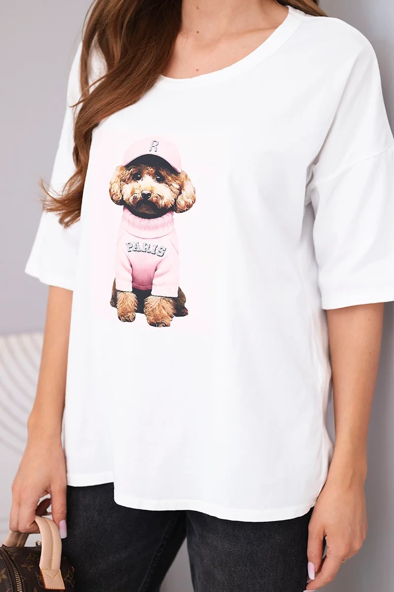 Bluzka damska bawełniana oversize z krótkim rękawem i nadrukiem V biała - obrazek 4