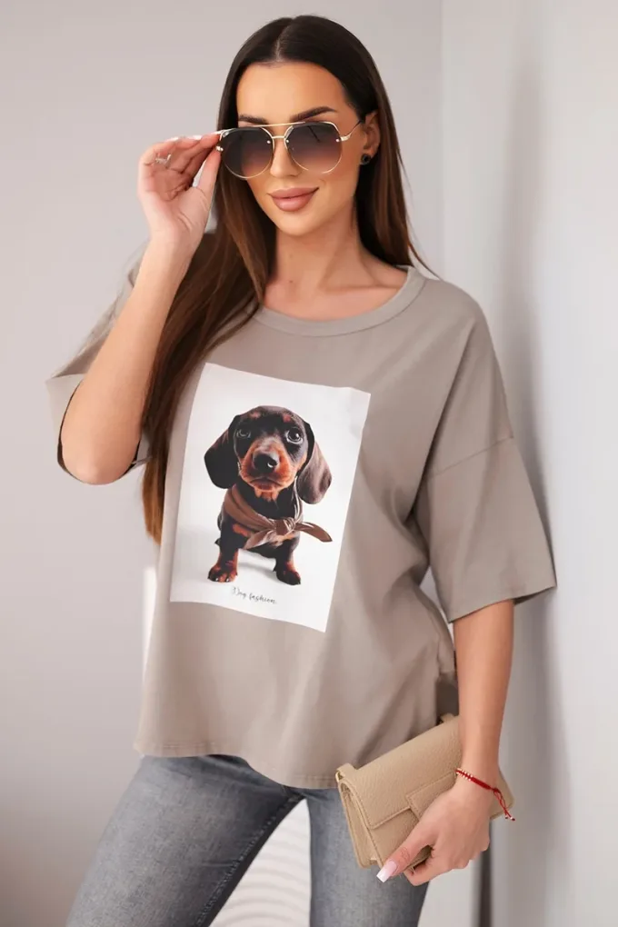 Bluzka damska bawełniana oversize z nadrukiem "Dog Fashion" fango