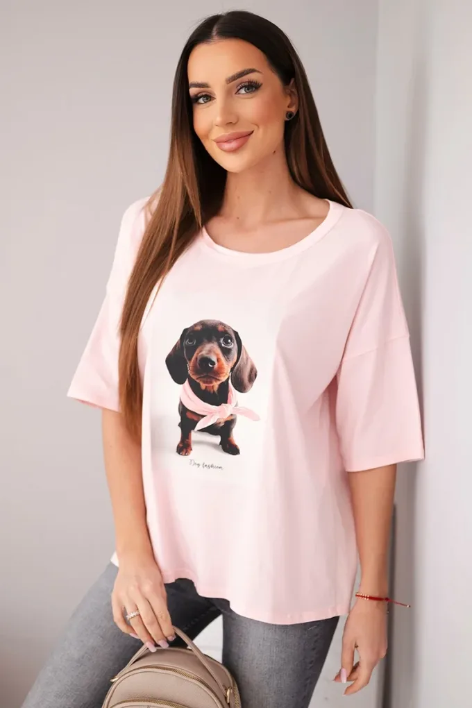 Bluzka damska bawełniana oversize z nadrukiem "Dog Fashion" cukierkowy róż