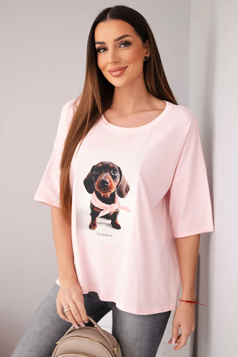 Bluzka damska bawełniana oversize z nadrukiem "Dog Fashion" cukierkowy róż