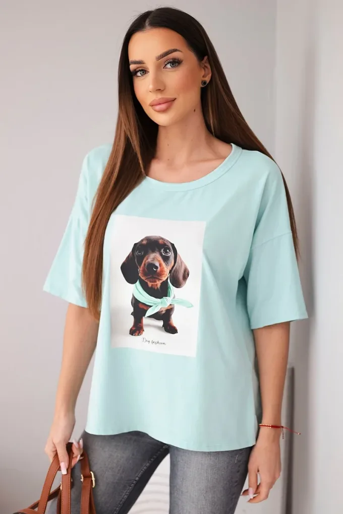 Bluzka damska bawełniana oversize z nadrukiem "Dog Fashion" ciemno miętowa