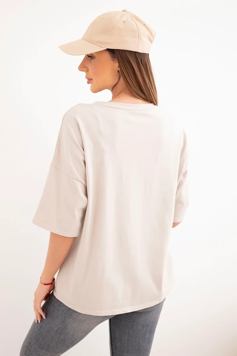 Bluzka damska bawełniana oversize z kwiatowym nadrukiem beżowa - obrazek 4