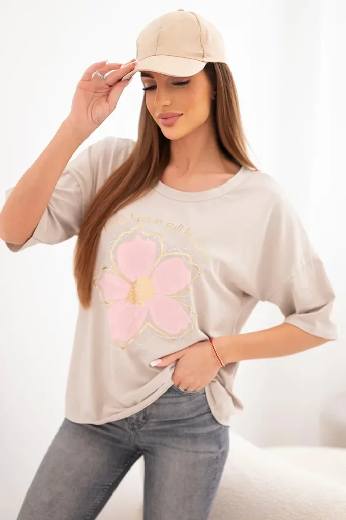 Bluzka damska bawełniana oversize z kwiatowym nadrukiem beżowa
