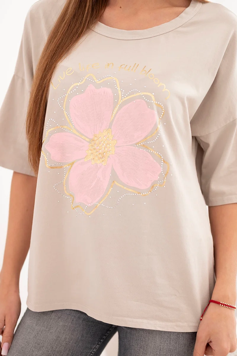 Bluzka damska bawełniana oversize z kwiatowym nadrukiem beżowa - obrazek 2