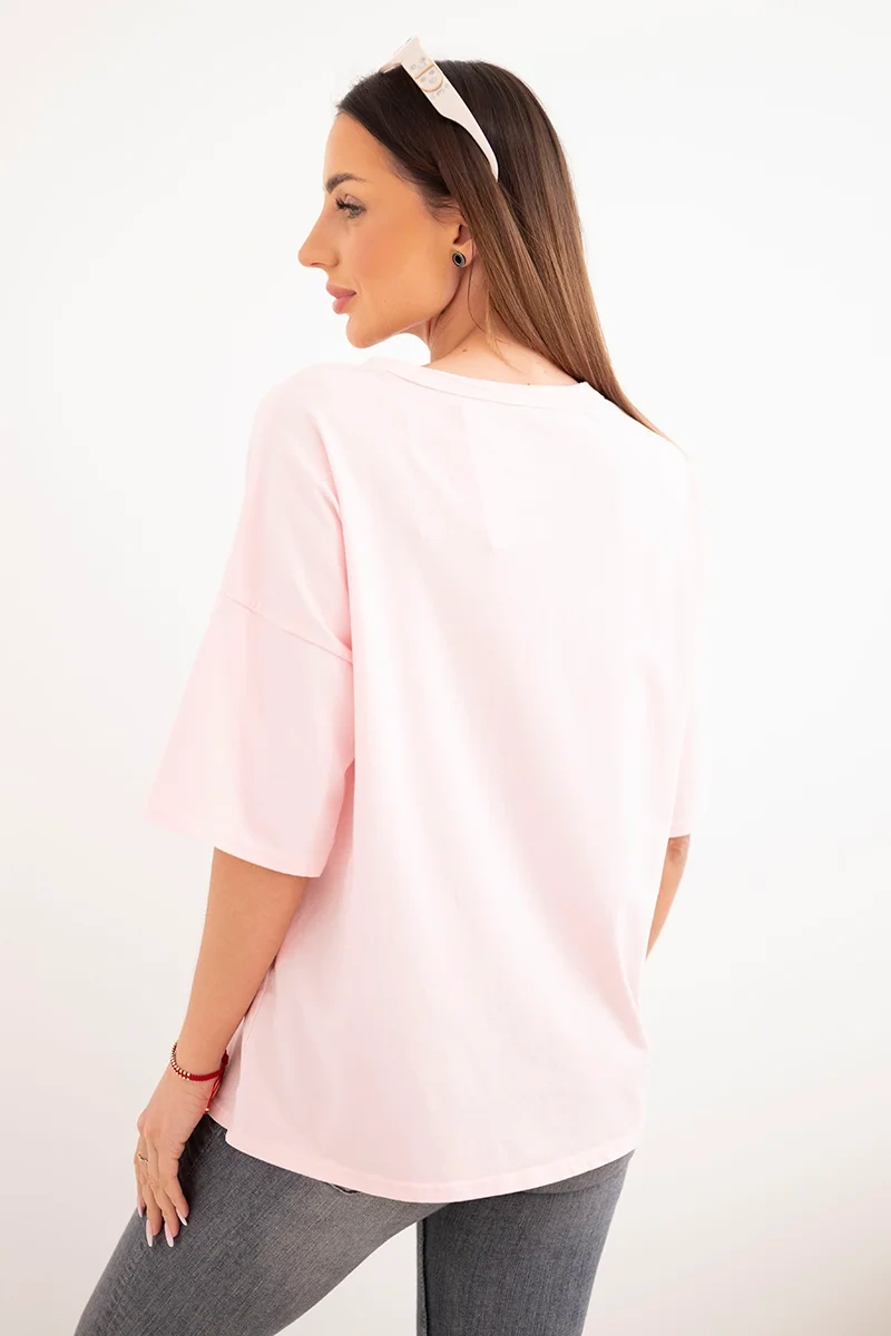 Bluzka damska bawełniana oversize z kwiatowym nadrukiem cukierkowy róż - obrazek 4