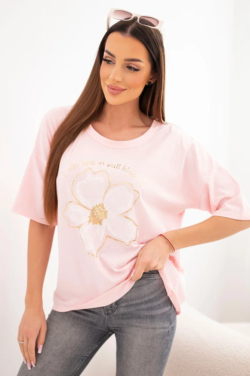 Bluzka damska bawełniana oversize z kwiatowym nadrukiem cukierkowy róż
