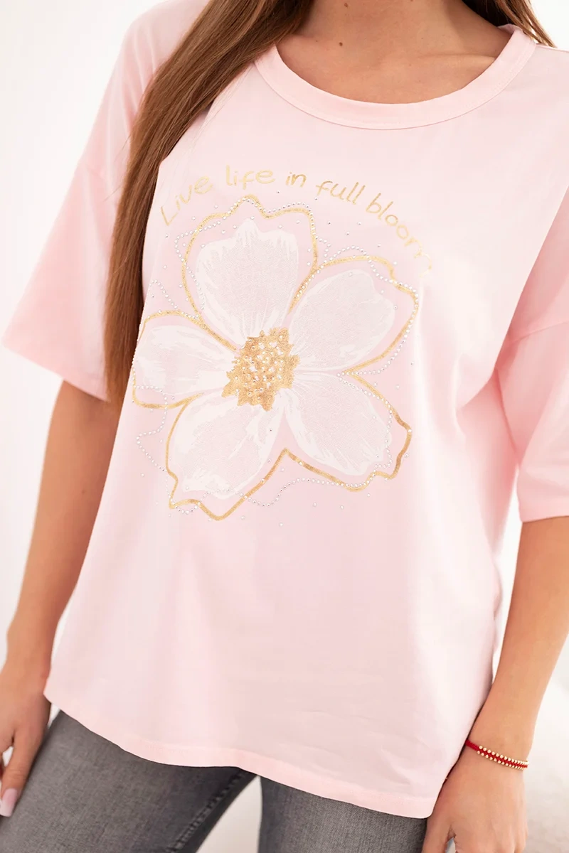 Bluzka damska bawełniana oversize z kwiatowym nadrukiem cukierkowy róż - obrazek 2