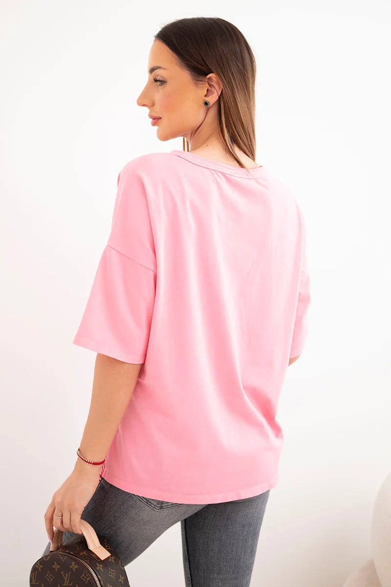 Bluzka damska bawełniana oversize z kwiatowym nadrukiem jasno różowa - obrazek 4
