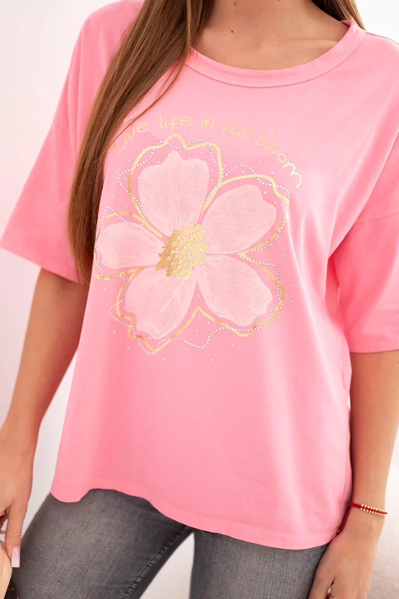 Bluzka damska bawełniana oversize z kwiatowym nadrukiem jasno różowa - obrazek 2