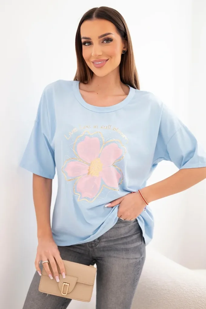 Bluzka damska bawełniana oversize z kwiatowym nadrukiem niebieska