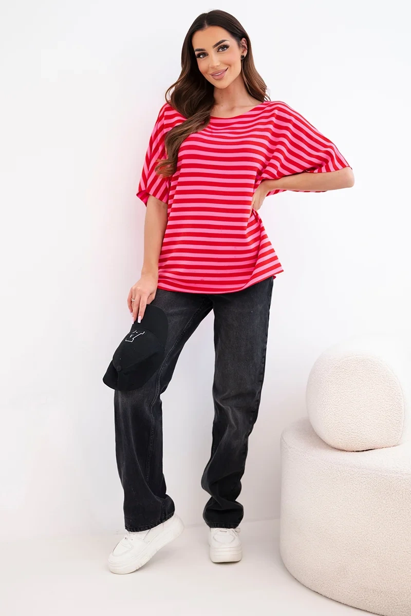 Bluzka damska bawełniana w paski z krótkim rękawem czerwona - obrazek 2