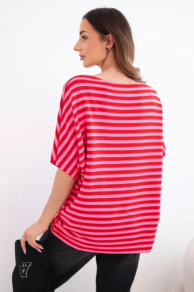 Bluzka damska bawełniana w paski z krótkim rękawem czerwona - obrazek 3